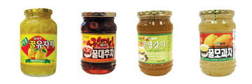 代表的な韓国伝統茶。　左からゆず茶、ナツメ茶、生姜茶、花梨茶